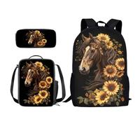 Xoenoiee Set di 3 zaini per la scuola, borsa per il pranzo, 3 in 1, per ragazzi e ragazze, stampa novità, Cavallo e Girasole Vintage, Taglia unica