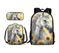 Xoenoiee Set di 3 zaini per la scuola, borsa per il pranzo, 3 in 1, per ragazzi e ragazze, stampa novità, Girasole Cavallo Bianco, Taglia unica, moderno