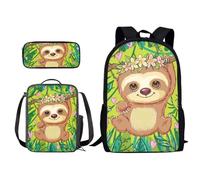 Xoenoiee Set di 3 zaini per la scuola, borsa per il pranzo, 3 in 1, per ragazzi e ragazze, stampa novità, Foglia Floreale Bradipo, Taglia unica