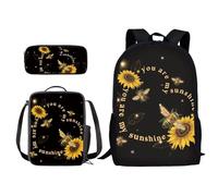 Xoenoiee Set di 3 zaini per la scuola, borsa per il pranzo, 3 in 1, per ragazzi e ragazze, stampa novità, Girasole e Ape, Taglia unica