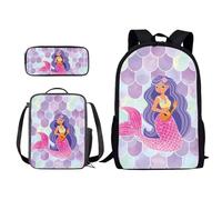 Xoenoiee Set di 3 zaini per la scuola, borsa per il pranzo, 3 in 1, per ragazzi e ragazze, stampa novità, Pesce sirena e squame, Taglia unica