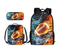 Xoenoiee Set di 3 zaini per la scuola, con borsa per il pranzo e astuccio per matite, per studenti, bambini e adolescenti, con stampa originale, Football americano Fuoco e Acqua Splatter, Taglia