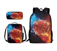 Xoenoiee Set di 3 zaini per la scuola, con borsa per il pranzo e astuccio per matite, per studenti, bambini e adolescenti, con stampa originale, Fuoco e Acqua Splatter Basket, Taglia unica, moderno
