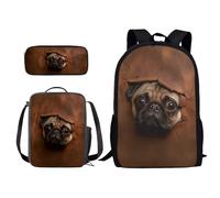 Xoenoiee Set di 3 zaini per la scuola con motivo cani, per ragazzi, ragazze, portapranzo, astuccio per la scuola, set per studenti, Pelle rotta di cane carlino, Taglia unica