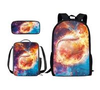 Xoenoiee Set di 3 zaini per la scuola con stampa novità con borsa per il pranzo e astuccio per matite, per studenti, bambini, ragazzi, Galassia Rosso Blu Fuoco Baseball, Taglia unica