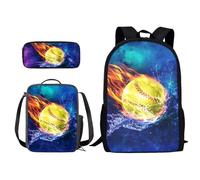 Xoenoiee Set di 3 zaini per la scuola con stampa novità con borsa per il pranzo e astuccio per matite, per studenti, bambini, ragazzi, Softball Fuoco e Acqua Splatter, Taglia unica