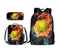 Xoenoiee Set di 3 zaini per la scuola con stampa novità con borsa per il pranzo e astuccio per matite, per studenti, bambini, ragazzi, Fuoco e Acqua Splatter Softball, Taglia unica
