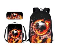 Xoenoiee Set di 3 zaini per la scuola con stampa novità con borsa per il pranzo e astuccio per matite, per studenti, bambini, ragazzi, Vibrante Fuoco Acqua Splatter Calcio, Taglia unica