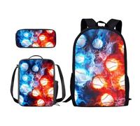 Xoenoiee Set di 3 zaini per la scuola con stampa novità con borsa per il pranzo e astuccio per matite, per studenti, bambini, ragazzi, Fuoco Acqua Splatter Baseball, Taglia unica