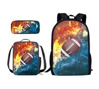 Xoenoiee Set di 3 zaini per la scuola con stampa novità con borsa per il pranzo e astuccio per matite, per studenti, bambini, ragazzi, Fuoco e Acqua Splatter Football americano, Taglia unica