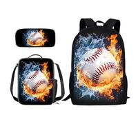 Xoenoiee Set di 3 zaini per la scuola, leggeri, per adolescenti, ragazze, ragazzi, libreria+borsa per il pranzo+astuccio per matite per studenti con motivo palle, Baseball Acqua e Fuoco, Taglia unica