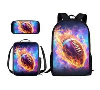 Xoenoiee Set di 3 zaini per la scuola, leggeri, per adolescenti, ragazze, ragazzi, libreria+borsa per il pranzo+astuccio per matite per studenti con motivo palle, Galassia del Fuoco Football, Taglia