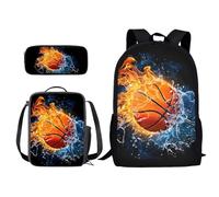 Xoenoiee Set di 3 zaini per la scuola, leggeri, per adolescenti, ragazze, ragazzi, libreria+borsa per il pranzo+astuccio per matite per studenti con motivo palle, Acqua e Fuoco Basket, Taglia unica