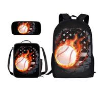 Xoenoiee Set di 3 zaini per la scuola, leggeri, per adolescenti, ragazze, ragazzi, libreria+borsa per il pranzo+astuccio per matite per studenti con motivo palle, Bandiera degli Stati Uniti Fire