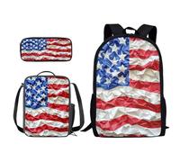 Xoenoiee Set di 3 zaini per la scuola per bambini con stampa con bandiera per ragazzi e ragazze, portapranzo, borsa per la scuola, borsa per libri per studenti, Bandiera degli Stati Uniti pieghettata,