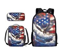 Xoenoiee Set di 3 zaini per la scuola per bambini con stampa con bandiera per ragazzi e ragazze, portapranzo, borsa per la scuola, borsa per libri per studenti, Bandiera degli Stati Uniti d'Aquila
