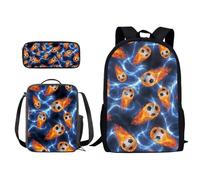 Xoenoiee Set di 3 zaini per la scuola per bambini+portapranzo+astuccio per la scuola primaria/media, zaino per ragazzi e ragazze, Fuoco Football Fulmine, Taglia unica