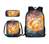 Xoenoiee Set di 3 zaini per la scuola per bambini+portapranzo+astuccio per la scuola primaria/media, zaino per ragazzi e ragazze, Baseball Con Fuoco, Taglia unica