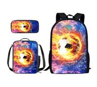 Xoenoiee Set di 3 zaini per la scuola per bambini+portapranzo+astuccio per la scuola primaria/media, zaino per ragazzi e ragazze, Fuoco e acqua Splatter Calcio, Taglia unica