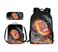 Xoenoiee Set di 3 zaini per la scuola per bambini+portapranzo+astuccio per la scuola primaria/media, zaino per ragazzi e ragazze, Fuoco e acqua Football americano, Taglia unica