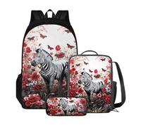 Xoenoiee Set di 3 zaini per la scuola per bambini, ragazzi e ragazze, con portapranzo, borsa grande per la scuola per studenti scolastici, Zebra, farfalla rossa floreale