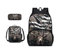 Xoenoiee Set di 3 zaini per la scuola, per ragazzi e ragazze, con borsa per il pranzo e astuccio per matite, grande borsa per la scuola per adolescenti e studenti, Camo Albero Bandiera Cervo