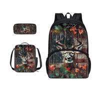Xoenoiee Set di 3 zaini per la scuola, per ragazzi e ragazze, con borsa per il pranzo e astuccio per matite, grande borsa per la scuola per adolescenti e studenti, Foglia Bandiera Alce