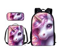 Xoenoiee Set di 3 zaini per la scuola, per ragazzi e ragazze, con portapranzo, astuccio per la scuola primaria/media, per ragazzi, Unicorno rosa , Taglia unica