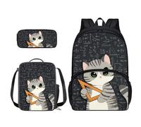 Xoenoiee Set di 3 zaini per la scuola per ragazzi e ragazze, con portapranzo, astuccio per la scuola, set per studenti, Matematica Gatto Carino