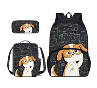 Xoenoiee Set di 3 zaini per la scuola per ragazzi e ragazze, con portapranzo, astuccio per la scuola, set per studenti, Carino Cane Matematica