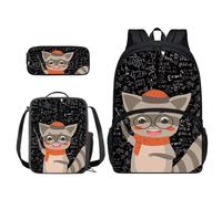 Xoenoiee Set di 3 zaini per la scuola per ragazzi e ragazze, con portapranzo, astuccio per la scuola, set per studenti, Matematica procione carino