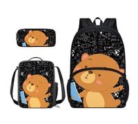 Xoenoiee Set di 3 zaini per la scuola per ragazzi e ragazze, con portapranzo, astuccio per la scuola, set per studenti, Matematica Orso Carino