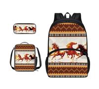 Xoenoiee Set di 3 zaini per la scuola per ragazzi e ragazze, con portapranzo, astuccio per matite, borsa per la scuola per studenti, Tribù azteca e cavallo