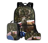 Xoenoiee Set di 3 zaini per la scuola per ragazzi e ragazze, con portapranzo, borsa per la scuola, borsa per libri da 43,2 cm, per studenti, Bandiera Cervo Foresta Camo