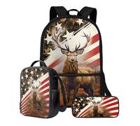 Xoenoiee Set di 3 zaini per la scuola per ragazzi e ragazze, con portapranzo, borsa per la scuola, borsa per libri da 43,2 cm, per studenti, Bandiera Foresta Camo Cervo
