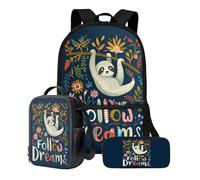 Xoenoiee Set di 3 zaini per la scuola per ragazzi e ragazze, con portapranzo, borsa per la scuola, borsa per libri da 43,2 cm, per studenti, Sloth Floral Segui I Tuoi Sogni