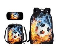 Xoenoiee Set di 3 zaini per la scuola, per studenti, ragazzi e ragazze, con borsa per il pranzo e astuccio per matite, regalo per il rientro a scuola, Fuoco Acqua e Calcio, Taglia unica, moderno