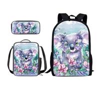 Xoenoiee Set di 3 zaini per la scuola, per studenti, ragazzi e ragazze, con borsa per il pranzo e astuccio per matite, regalo per il rientro a scuola, Carino Koala Floreale, Taglia unica