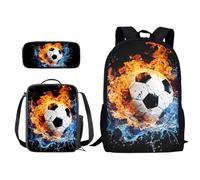 Xoenoiee Set di 3 zaini per la scuola, per studenti, ragazzi e ragazze, con borsa per il pranzo e astuccio per matite, regalo per il rientro a scuola, Calcio e Fuoco Acqua Splatter, Taglia unica