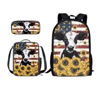 Xoenoiee Set di 3 zaini per la scuola, per studenti, ragazzi e ragazze, con borsa per il pranzo e astuccio per matite, regalo per il rientro a scuola, Girasole mucca e bandiera degli Stati Uniti,