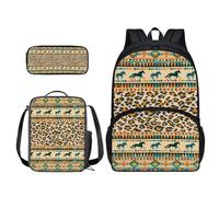 Xoenoiee Set di 3 zaini per la scuola, zaino grande per la scuola con zaino per il pranzo e astuccio per matite forniture per lo studio scolastico, Tribù Azteca Cavallo Leopardo, moderno