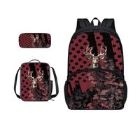Xoenoiee Set di 3 zaini per la scuola, zaino scolastico di grande capacità con zaino per il pranzo e astuccio per matite forniture scolastiche, Bandiera Cervi Foresta Camo