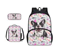 Xoenoiee Set di 3 zaini per la scuola, zaino scolastico di grande capacità con zaino per il pranzo e astuccio per matite forniture scolastiche, Boston Terrier Floreale