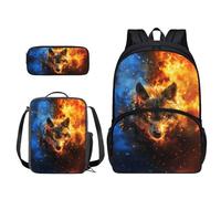 Xoenoiee Set di 3 zaini per ragazzi e ragazze, 43,2 cm, con borsa per il pranzo, astuccio per studenti, materiale scolastico, Lupo di fuoco rosso e blu