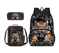 Xoenoiee Set di 3 zaini per ragazzi e ragazze, 43,2 cm, con borsa per il pranzo, astuccio per studenti, materiale scolastico, Tiger Tree Camo
