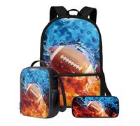 Xoenoiee Set di 3 zaini per ragazzi e ragazze con borsa per il pranzo e astuccio, zaino per la scuola Set 3 in 1 per adolescenti studenti, Modello Fire Water Football americano