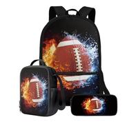 Xoenoiee Set di 3 zaini per ragazzi e ragazze con borsa per il pranzo e astuccio, zaino per la scuola Set 3 in 1 per adolescenti studenti, Modello Water Fire Football americano