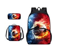 Xoenoiee Set di 3 zaini per ragazzi e ragazze con borsa per il pranzo e astuccio, zaino per la scuola set per adolescenti studenti, Rosso Blu Fuoco Calcio