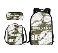 Xoenoiee Set di 3 zaini personalizzati+borsa per il pranzo+astuccio per ragazzi e ragazze, design il tuo nome e numero, Baseball Verde Camo, Taglia unica