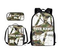 Xoenoiee Set di 3 zaini personalizzati+borsa per il pranzo+astuccio per ragazzi e ragazze, design il tuo nome e numero, Football americano Gree Camo, Taglia unica